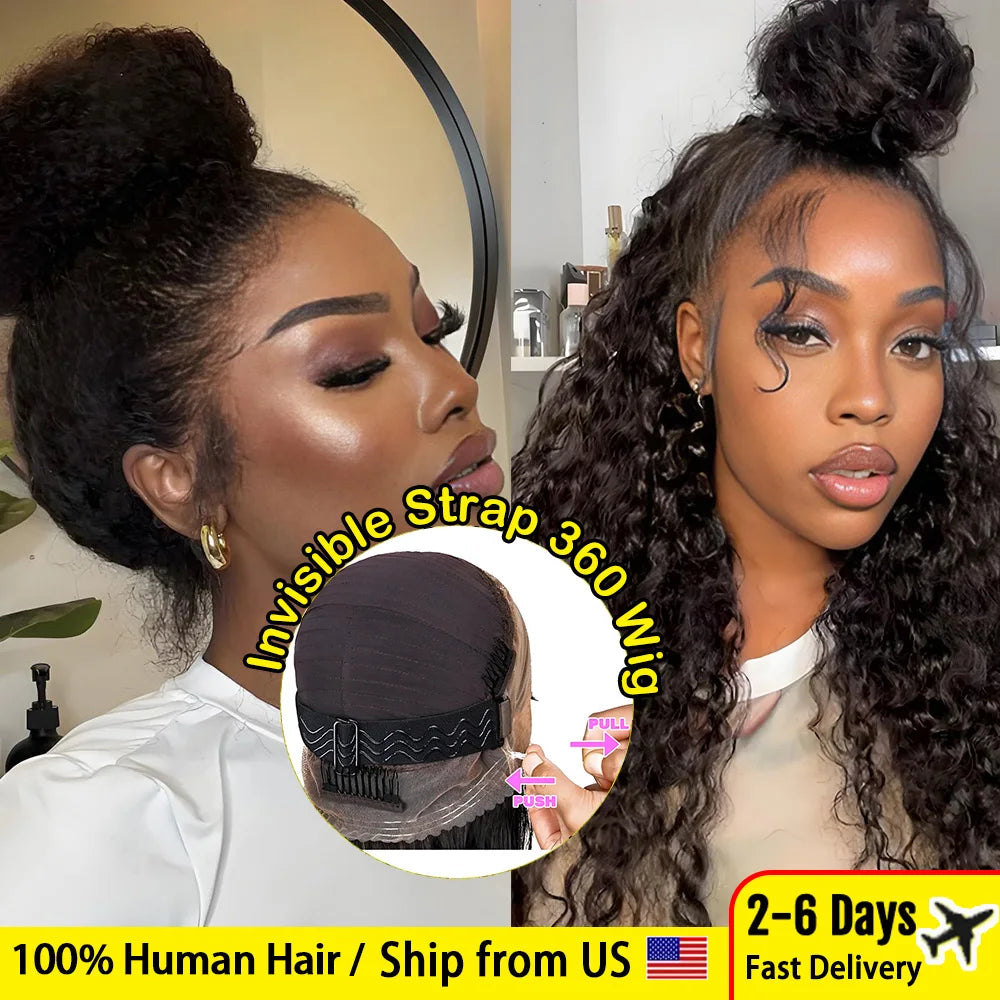 Upgrade No Glue 360 Drawstring Lace Wig Kinky Curly Deep Water Wigs 100% Human Hair Invisi Strap 360 Full Hd Lace 13x4 Front Wig