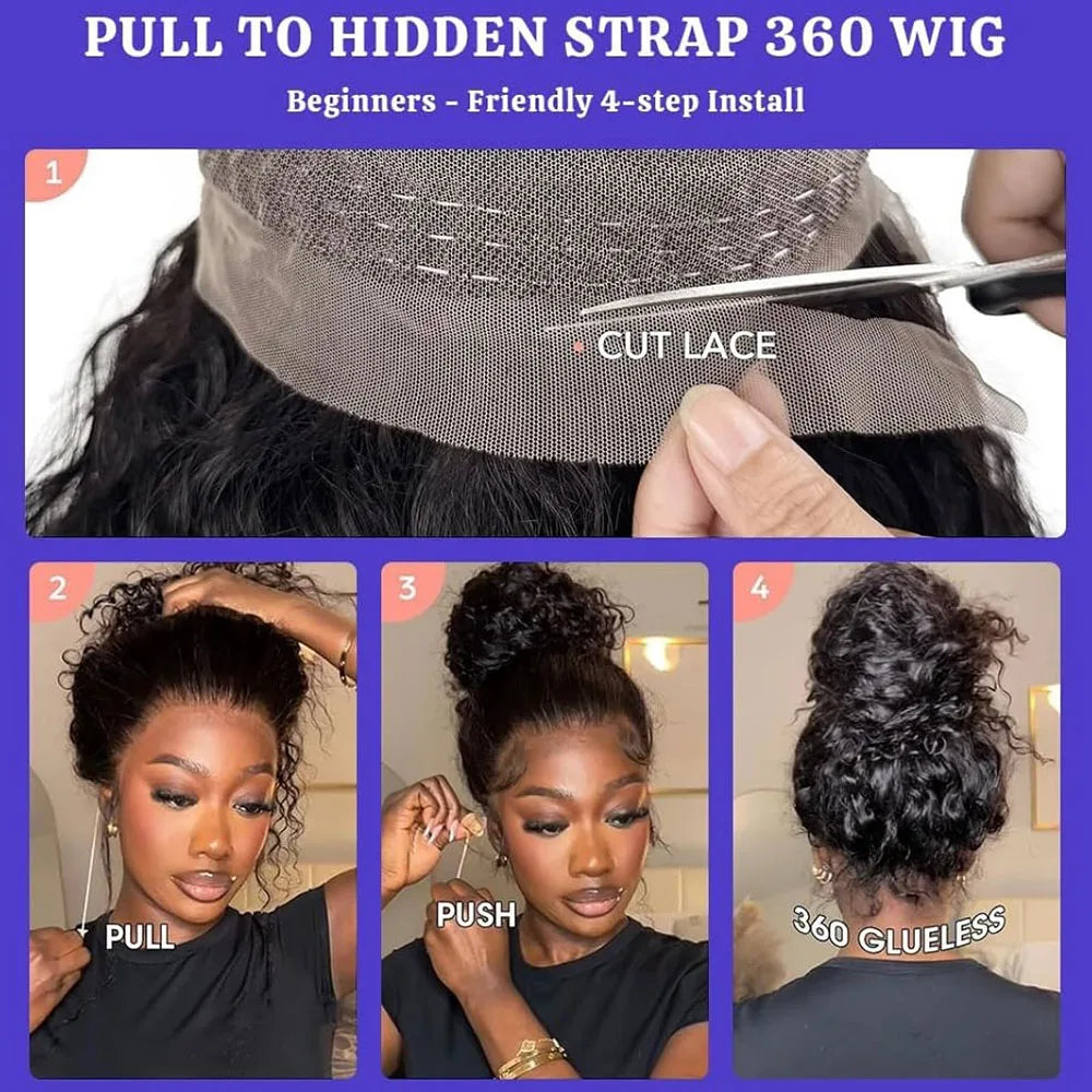 Upgrade No Glue 360 Drawstring Lace Wig Kinky Curly Deep Water Wigs 100% Human Hair Invisi Strap 360 Full Hd Lace 13x4 Front Wig