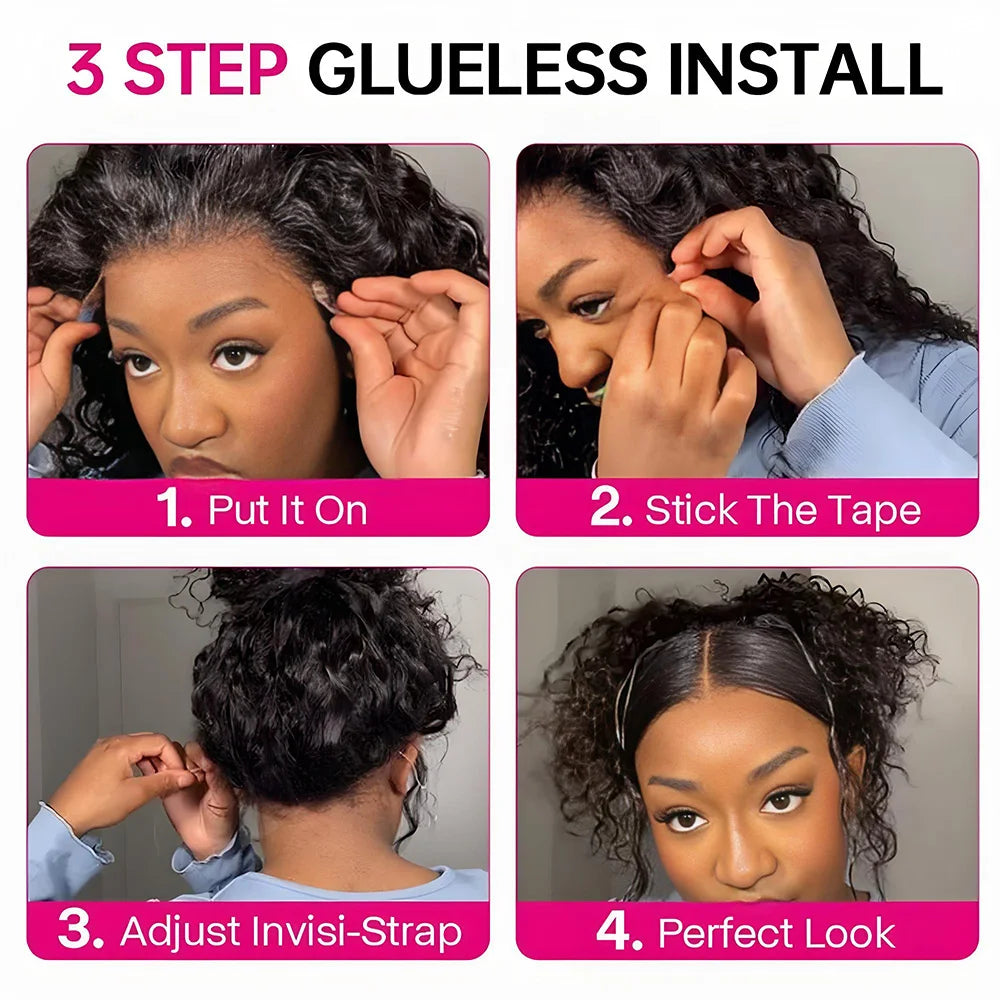 No Glue Upgrade Invisi Strap 360 Full HD Lace Frontal Kinky Curly Wig Black Human Hair 360 Drawstring Deep Water Wigs Glueless