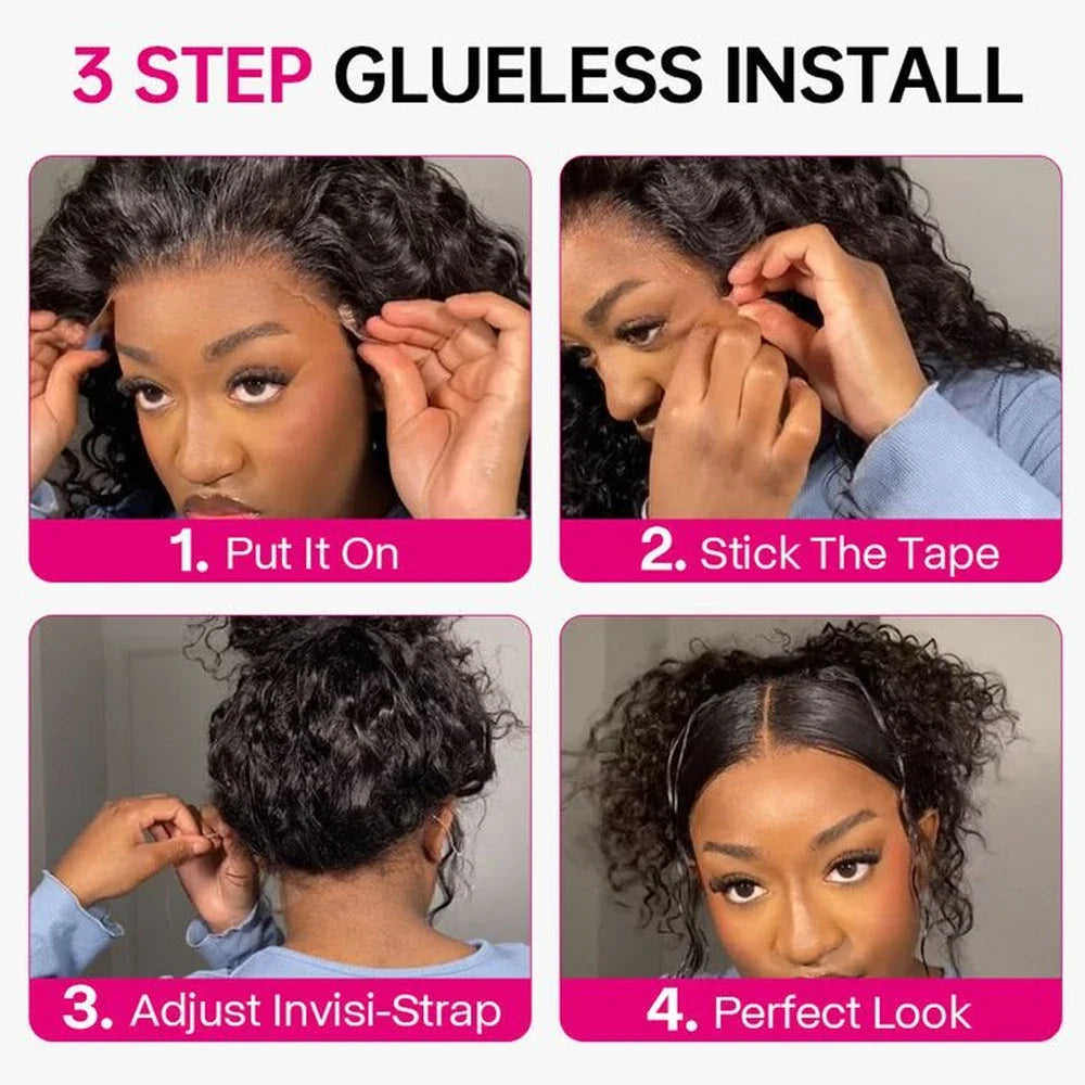 No Glue Upgrade Invisi Strap 360 Full HD Lace Frontal Kinky Curly Wig Black Human Hair 360 Drawstring Deep Water Wigs Glueless