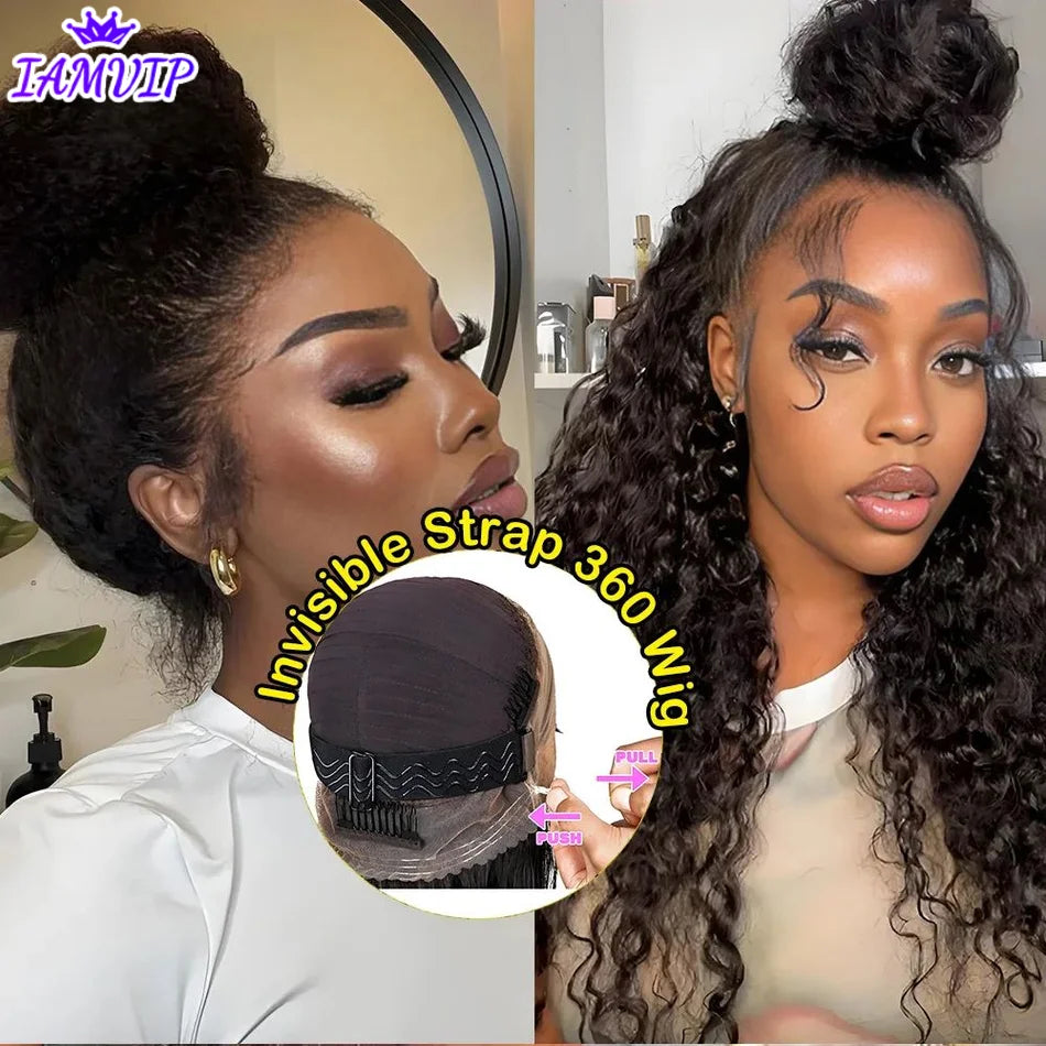 Upgrade No Glue 360 Drawstring Lace Wig Kinky Curly Deep Water Wigs 100% Human Hair Invisi Strap 360 Full Hd Lace 13x4 Front Wig