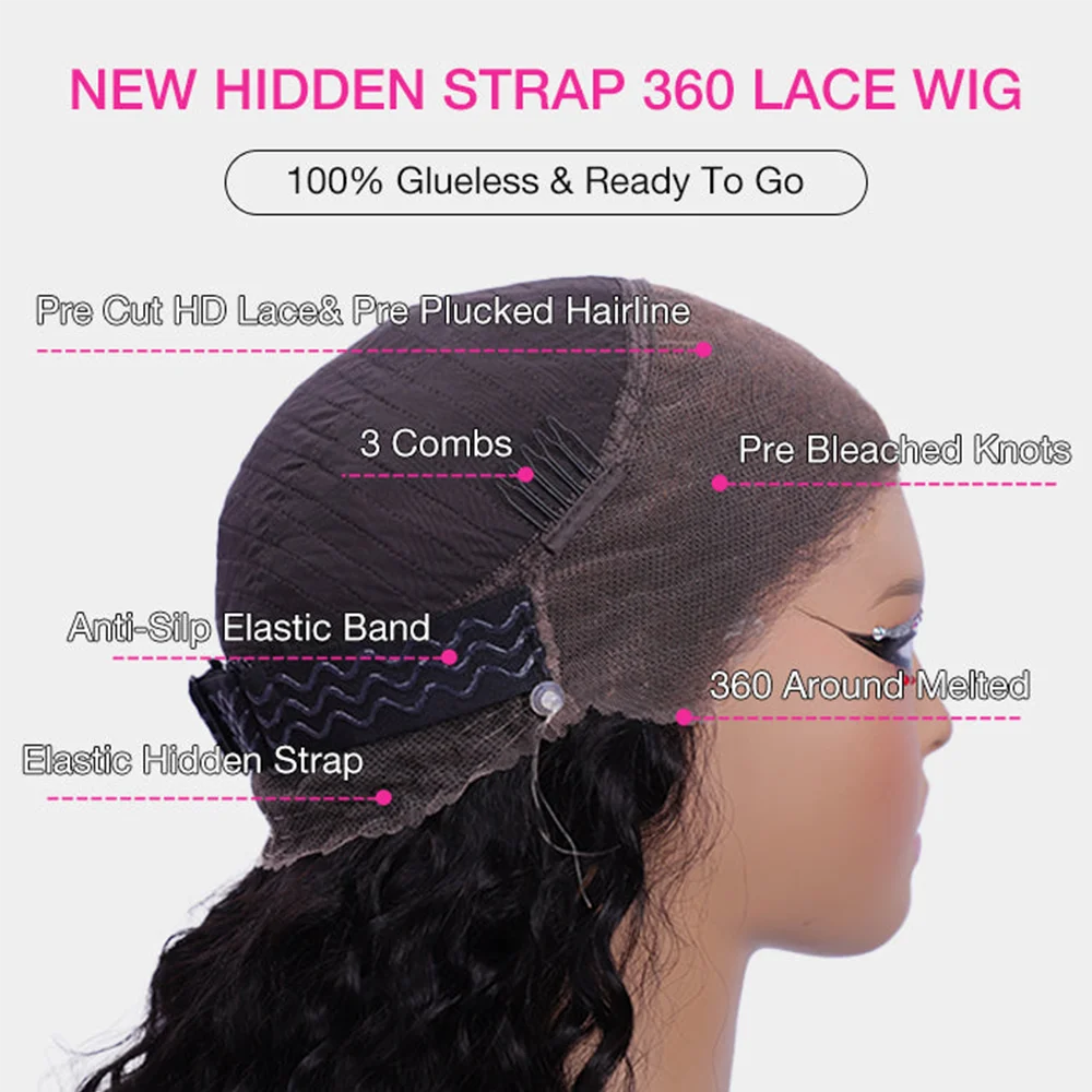 Upgrade No Glue 360 Drawstring Lace Wig Kinky Curly Deep Water Wigs 100% Human Hair Invisi Strap 360 Full Hd Lace 13x4 Front Wig