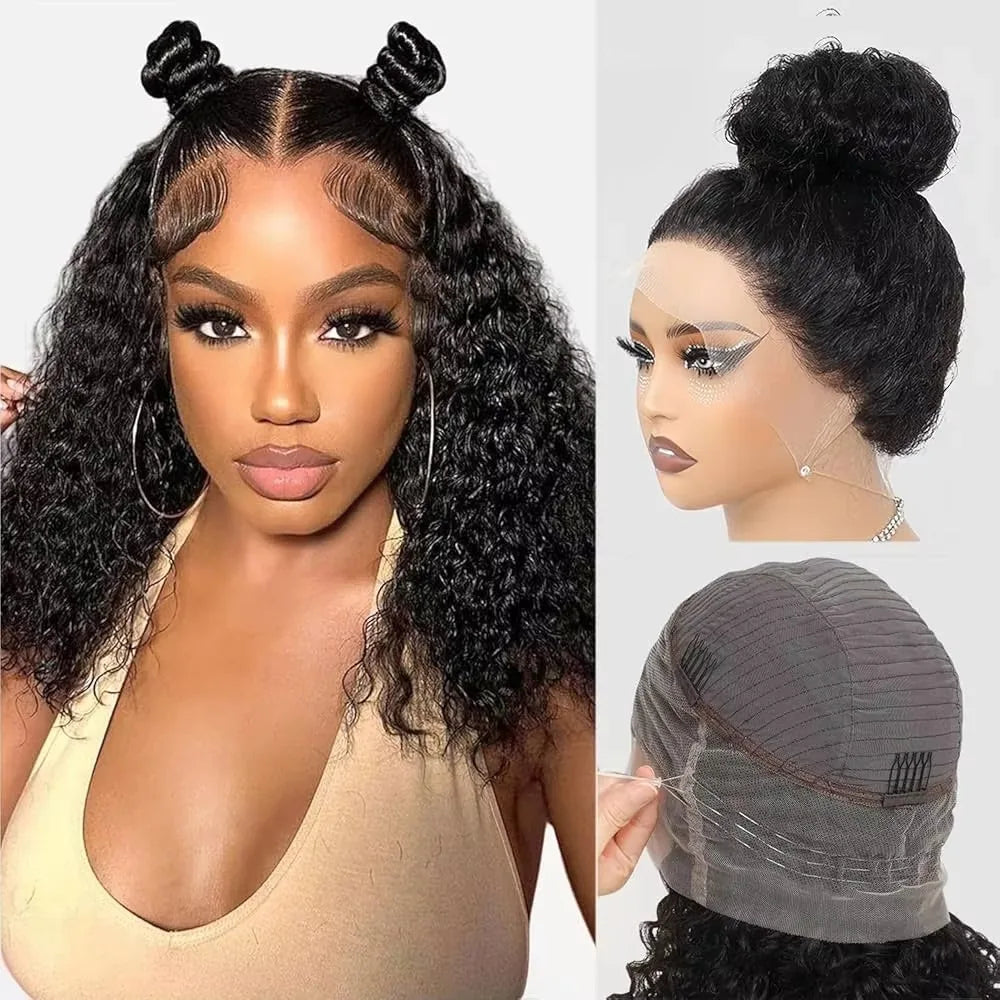 Upgrade No Glue 360 Drawstring Lace Wig Kinky Curly Deep Water Wigs 100% Human Hair Invisi Strap 360 Full Hd Lace 13x4 Front Wig