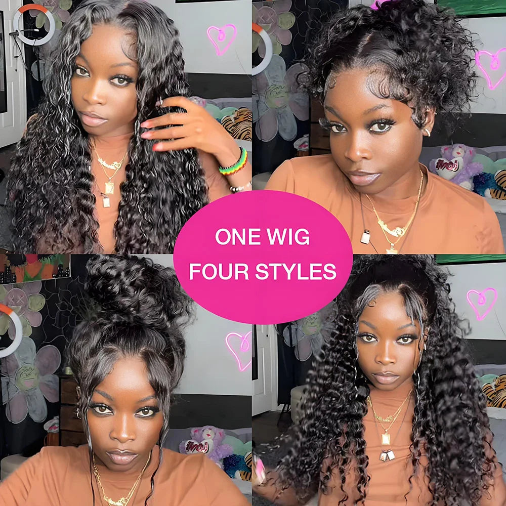 Upgrade No Glue 360 Drawstring Lace Wig Kinky Curly Deep Water Wigs 100% Human Hair Invisi Strap 360 Full Hd Lace 13x4 Front Wig