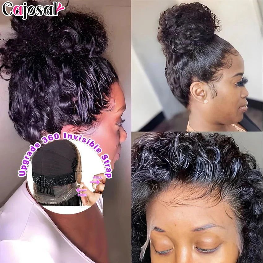 No Glue Upgrade Invisi Strap 360 Full HD Lace Frontal Kinky Curly Wig Black Human Hair 360 Drawstring Deep Water Wigs Glueless